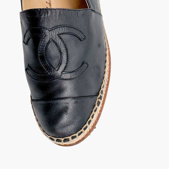 Chanel Black Leather CC Logo Espadrille Flats Size 39 US 8.5 Platform Shoes - Picture 11 of 14